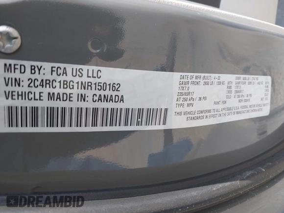 2022 Chrysler Pacifica Touring L z VIN 2C4RC1BG1NR150162, wystawiony jako IAAI lot #42125636 z przebiegiem 41 986 mil mil oraz . Historia ofert i sprzedaży dostępna na DreamBid. Obrazek 9.