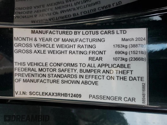 2024 Lotus Emira First Edition с VIN SCCLEKAX3RHB12409, выставлен на аукционе Copart как лот 86659254 с пробегом 1 014 миль миль и Списание • Salvage title. История ставок и продаж доступна на DreamBid. Изображение 12.