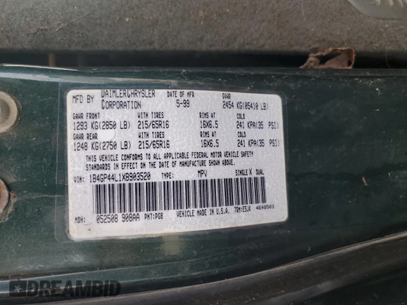 1999 Dodge Caravan SE z VIN 1B4GP44L1XB903520, wystawiony jako Copart lot #47292535 z przebiegiem 234 222 mil mil oraz Czysty tytuł • Clean title. Historia ofert i sprzedaży dostępna na DreamBid. Obrazek 13.