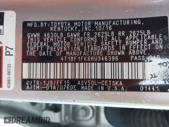 2017 Toyota Camry XLE with VIN 4T1BF1FK6HU346396, listed as a IAAI auction lot 41705502 with 97,352 mi miles. Bid and sale history available at carsss.com. Image 9.