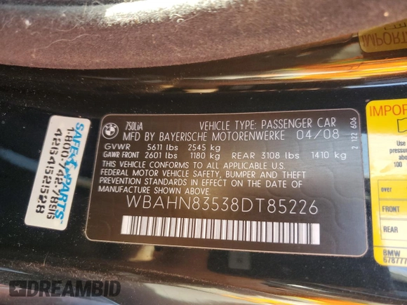 2008 BMW 7 Series 750Li with VIN WBAHN83538DT85226, listed as a Copart auction lot 73397614 with 134,509 mi miles and Salvage Title. Bid and sale history available at carsss.com. Image 12.