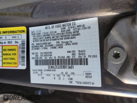 2014 Lincoln MKZ Hybrid с VIN 3LN6L2LU3ER815601, выставлен на аукционе Copart как лот 45682645 с пробегом 211 322 миль миль и Чистый • Clean title. История ставок и продаж доступна на DreamBid. Изображение 12.