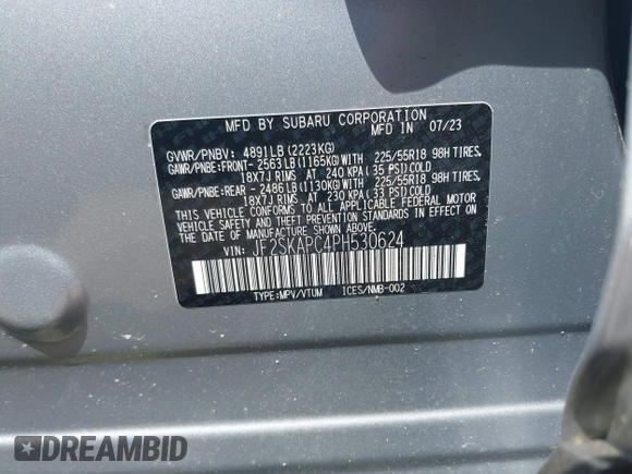 2023 Subaru Forester Limited with VIN JF2SKAPC4PH530624, listed as a IAAI auction lot 42517855 with 9,715 mi miles and . Bid and sale history available at DreamBid. Image 9.