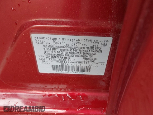 2015 Nissan Sentra SR with VIN 3N1AB7APXFL636510, listed as a IAAI auction lot 41884344 with 149,609 mi miles and . Bid and sale history available at DreamBid. Image 9.
