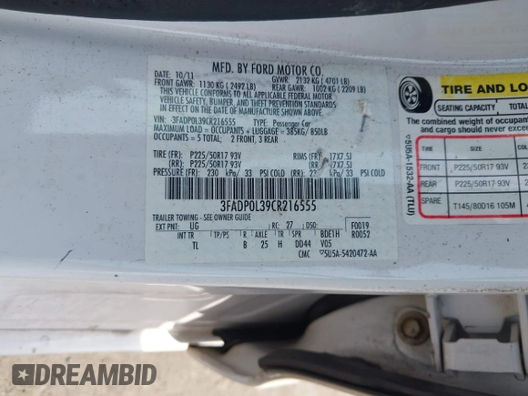 2012 Ford Fusion Hybrid с VIN 3FADP0L39CR216555, выставлен на аукционе IAAI как лот 42506669 с пробегом 171 346 миль миль и . История ставок и продаж доступна на DreamBid. Изображение 9.