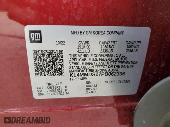 2023 Buick Encore GX Select with VIN KL4MMDS27PB062306, listed as a Copart auction lot 53934095 with 119,919 mi miles and Salvage title. Bid and sale history available at DreamBid. Image 12.