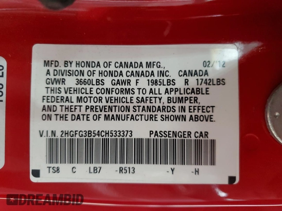 2012 Honda Civic Cpe LX with VIN 2HGFG3B54CH533373, listed as a Copart auction lot 54818905 with 176,232 mi miles and Salvage Title. Bid and sale history available at carsss.com. Image 12.