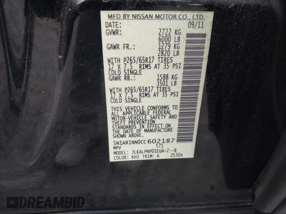 2012 Nissan Pathfinder S z VIN 5N1AR1NN0CC602187, wystawiony jako IAAI lot #41732474 z przebiegiem Nie podano mil oraz . Historia ofert i sprzedaży dostępna na DreamBid. Obrazek 9.