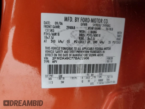 2007 Ford Edge SEL PLUS with VIN 2FMDK49C77BA22906, listed as a Copart auction lot 47485995 with 260,194 mi miles and Salvage Title. Bid and sale history available at carsss.com. Image 14.