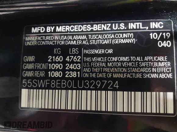 2020 Mercedes-Benz C 300 with VIN 55SWF8EB0LU329724, listed as a IAAI auction lot 41384132 with 58,570 mi miles and . Bid and sale history available at DreamBid. Image 9.