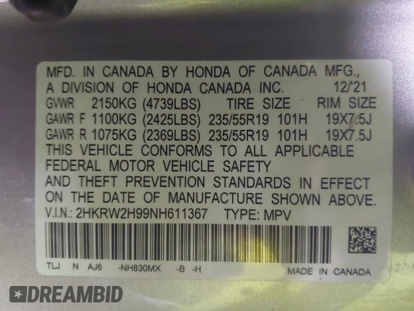 2022 Honda CR-V Touring with VIN 2HKRW2H99NH611367, listed as a IAAI auction lot 42014839 with 165,584 mi miles. Bid and sale history available at carsss.com. Image 9.
