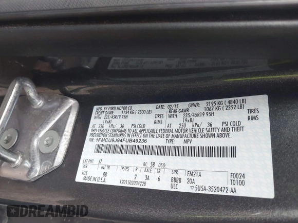 2015 Ford Escape Titanium with VIN 1FMCU9J94FUB49236, listed as a IAAI auction lot 42117378 with 112,267 mi miles. Bid and sale history available at carsss.com. Image 9.