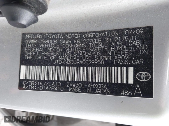 2010 Toyota Prius II with VIN JTDKN3DU9A0029958, listed as a IAAI auction lot 42237773 with 280,182 mi miles and . Bid and sale history available at DreamBid. Image 9.