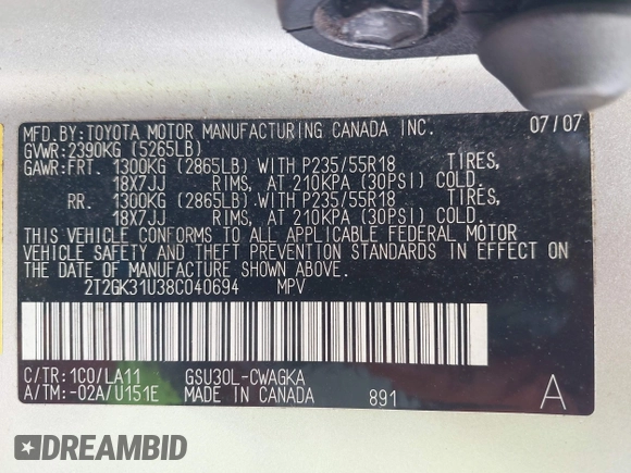2008 Lexus RX 350 with VIN 2T2GK31U38C040694, listed as a IAAI auction lot 41955267 with 131,521 mi miles and . Bid and sale history available at DreamBid. Image 9.