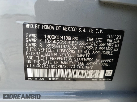 2024 Honda HR-V Sport with VIN 3CZRZ1H53RM725373, listed as a Copart auction lot 85569374 with 17,170 mi miles and Salvage Title. Bid and sale history available at carsss.com. Image 14.