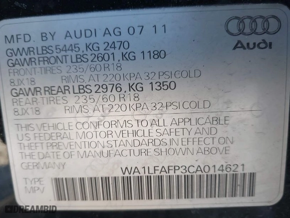 2012 Audi Q5 2.0T Premium Plus with VIN WA1LFAFP3CA014621, listed as a IAAI auction lot 41766784 with 999,999 mi miles. Bid and sale history available at carsss.com. Image 9.