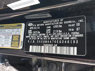 2014 Kia Optima LX with VIN 5XXGM4A76EG346193, listed as a IAAI auction lot 42176760 with 124,702 mi miles and . Bid and sale history available at DreamBid. Image 9.