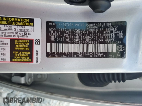 2013 Toyota Corolla L with VIN 2T1BU4EE7DC969296, listed as a Copart auction lot 55297805 with 126,351 mi miles and Salvage Title. Bid and sale history available at DreamBid. Image 13.