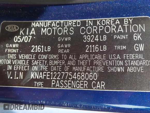 2007 Kia Spectra EX z VIN KNAFE122775468060, wystawiony jako IAAI lot #42225413 z przebiegiem 124 306 mil mil oraz . Historia ofert i sprzedaży dostępna na DreamBid. Obrazek 9.