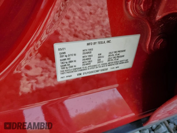 2021 Tesla Model Y Long Range z VIN 5YJYGDEE3MF189258, wystawiony jako Copart lot #54363615 z przebiegiem 56 315 mil mil oraz Szkoda całkowita • Salvage title. Historia ofert i sprzedaży dostępna na DreamBid. Obrazek 12.