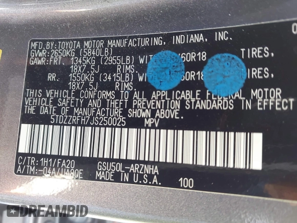 2018 Toyota Highlander LE with VIN 5TDZZRFH7JS250025, listed as a IAAI auction lot 42635985 with 122,488 mi miles and . Bid and sale history available at DreamBid. Image 9.