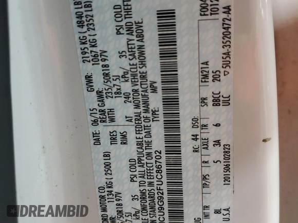 2015 Ford Escape SE with VIN 1FMCU9G92FUC86702, listed as a Copart auction lot 53479425 with 141,055 mi miles and Salvage Title. Bid and sale history available at DreamBid. Image 14.