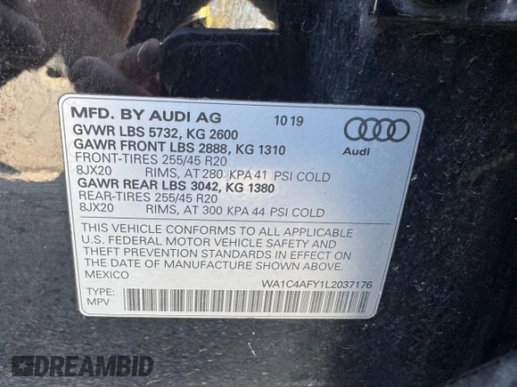 2020 Audi SQ5 with VIN WA1C4AFY1L203717, listed as a Copart auction lot 54453365 with 161,278 mi miles and Clean Title. Bid and sale history available at DreamBid. Image 10.