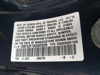 2016 Honda Civic EX with VIN 19XFC2F73GE023226, listed as a IAAI auction lot 42165655 with 141,553 mi miles and . Bid and sale history available at DreamBid. Image 9.