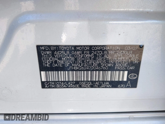 2007 Lexus IS 250 with VIN JTHBK262472046760, listed as a IAAI auction lot 42287520 with 219,758 mi miles and . Bid and sale history available at DreamBid. Image 9.