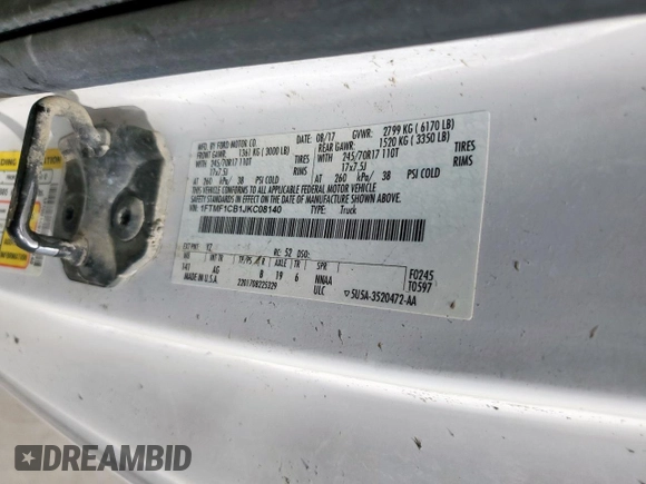 2018 Ford F-150 XL with VIN 1FTMF1CB1JKC08140, listed as a Copart auction lot 61670245 with 102,978 mi miles and Clean title. Bid and sale history available at DreamBid. Image 12.