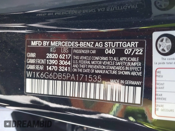 2023 Mercedes-Benz S 500 with VIN W1K6G6DB5PA171535, listed as a IAAI auction lot 41667618 with 17,382 mi miles and . Bid and sale history available at DreamBid. Image 9.