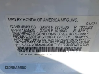 2021 Acura ILX Premium with VIN 19UDE2F8XMA005560, listed as a IAAI auction lot 41613594 with 69,836 mi miles and . Bid and sale history available at DreamBid. Image 9.