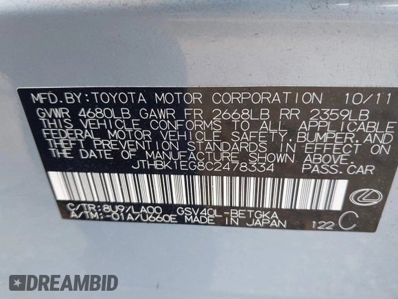 2012 Lexus ES 330 with VIN JTHBK1EG8C2478334, listed as a IAAI auction lot 42468618 with 64,022 mi miles and . Bid and sale history available at DreamBid. Image 9.