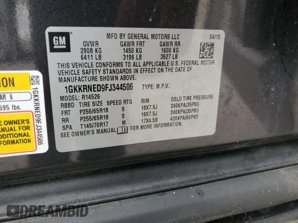 2015 GMC Acadia SLE with VIN 1GKKRNED9FJ344506, listed as a Copart auction lot 49152515 with 167,474 mi miles and Salvage Title. Bid and sale history available at DreamBid. Image 15.