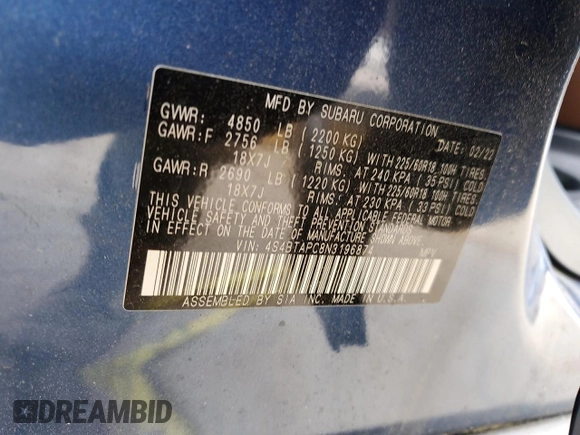 2022 Subaru Outback Touring with VIN 4S4BTAPC8N3196874, listed as a Copart auction lot 56308165 with 44,463 mi miles and Salvage title. Bid and sale history available at DreamBid. Image 12.