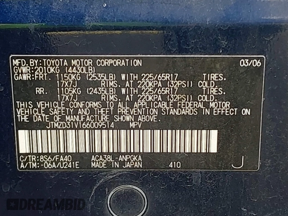 2006 Toyota RAV4 Limited with VIN JTMZD31V166009514, listed as a IAAI auction lot 41773950 with 160,694 mi miles and . Bid and sale history available at DreamBid. Image 9.