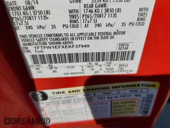 2014 Ford F-150 XL with VIN 1FTFW1EFXEKF37949, listed as a Copart auction lot 61257084 with 154,154 mi miles and Salvage Title. Bid and sale history available at carsss.com. Image 12.