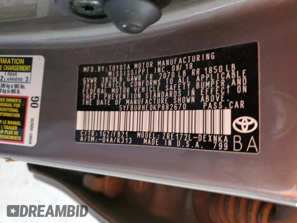 2019 Toyota Corolla L with VIN 5YFBURHE0KP882670, listed as a Copart auction lot 54627205 with 32,508 mi miles and Salvage title. Bid and sale history available at DreamBid. Image 12.