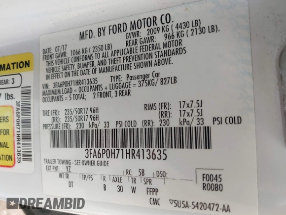 2017 Ford Fusion SE z VIN 3FA6P0H71HR413635, wystawiony jako IAAI lot #42507386 z przebiegiem 165 991 mil mil oraz . Historia ofert i sprzedaży dostępna na DreamBid. Obrazek 9.