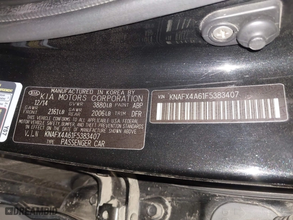 2015 Kia Forte LX with VIN KNAFX4A61F5383407, listed as a IAAI auction lot 41982875 with 226,498 mi miles. Bid and sale history available at carsss.com. Image 9.