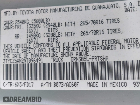 2022 Toyota Tacoma SR with VIN 3TYCZ5AN2NT096491, listed as a IAAI auction lot 42093897 with 47,041 mi miles and . Bid and sale history available at DreamBid. Image 9.