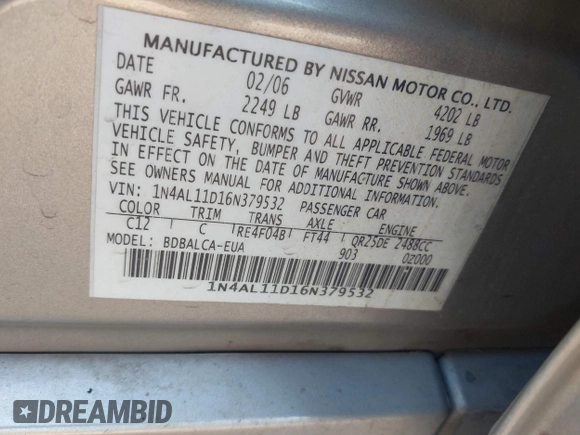 2006 Nissan Altima S with VIN 1N4AL11D16N379532, listed as a IAAI auction lot 42164637 with 181,231 mi miles and . Bid and sale history available at DreamBid. Image 9.