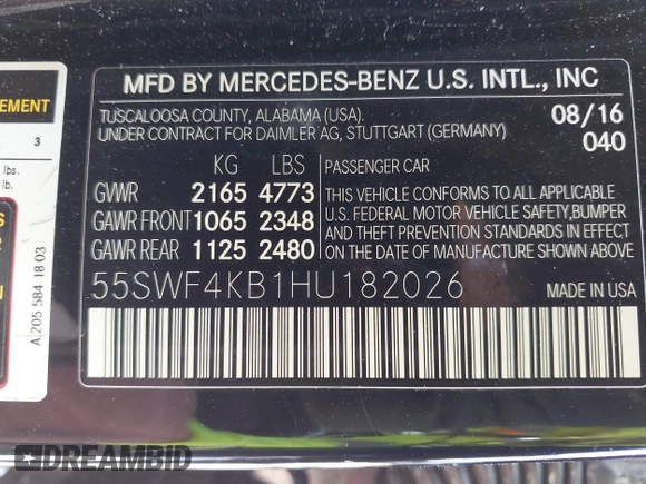 2017 Mercedes-Benz C 300 with VIN 55SWF4KB1HU182026, listed as a IAAI auction lot 42484299 with 78,239 mi miles and . Bid and sale history available at DreamBid. Image 9.
