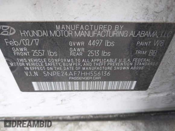 2017 Hyundai Sonata SE z VIN 5NPE24AF7HH556136, wystawiony jako IAAI lot #42134580 z przebiegiem 64 333 mil mil oraz . Historia ofert i sprzedaży dostępna na DreamBid. Obrazek 9.