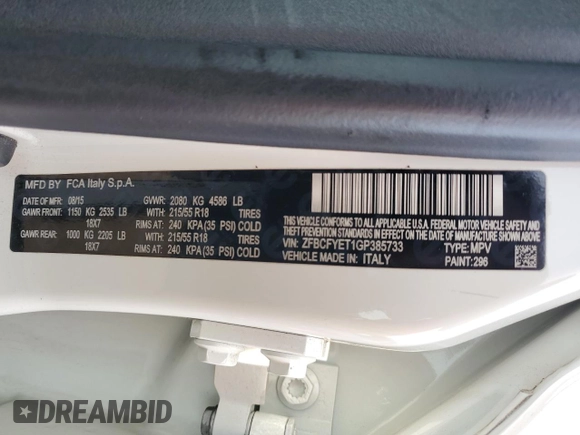 2016 FIAT 500X Trekking Plus with VIN ZFBCFYET1GP385733, listed as a Copart auction lot 53790925 with 100,807 mi miles and Salvage title. Bid and sale history available at DreamBid. Image 12.