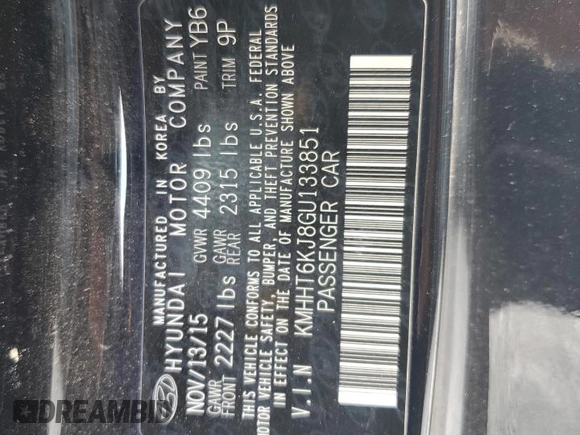 2016 Hyundai Genesis Coupe 3.8L Base with VIN KMHHT6KJ8GU133851, listed as a Copart auction lot 89313935 with 62,945 mi miles and Salvage title. Bid and sale history available at DreamBid. Image 13.