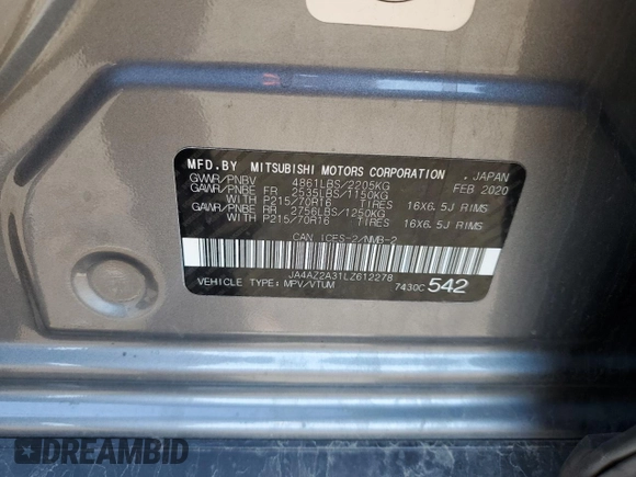 2020 Mitsubishi Outlander ES z VIN JA4AZ2A31LZ612278, wystawiony jako Copart lot #62982274 z przebiegiem 225 958 mil mil oraz Szkoda całkowita • Salvage title. Historia ofert i sprzedaży dostępna na DreamBid. Obrazek 14.