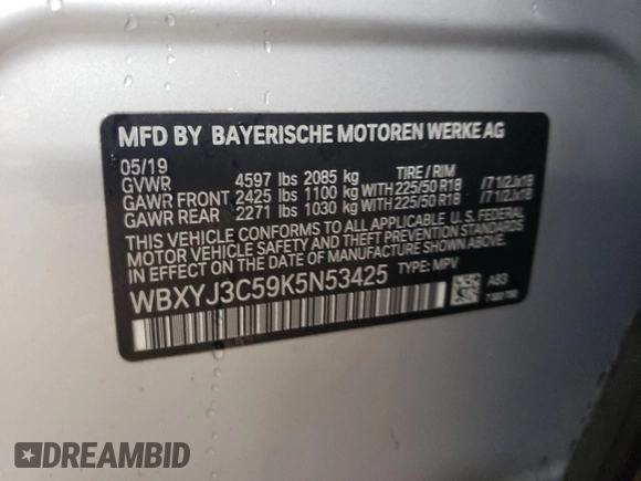 2019 BMW X2 sDrive28i with VIN WBXYJ3C59K5N53425, listed as a Copart auction lot 79839994 with 35,899 mi miles and Salvage Title. Bid and sale history available at carsss.com. Image 12.