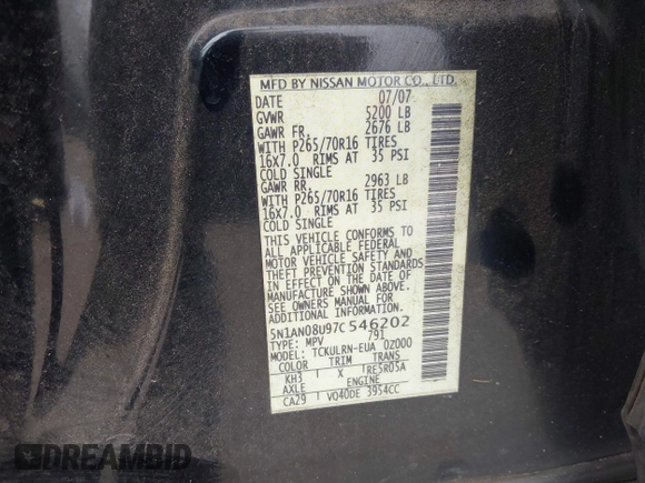 2007 Nissan Xterra X z VIN 5N1AN08U97C546202, wystawiony jako IAAI lot #41591152 z przebiegiem 148 367 mil mil oraz . Historia ofert i sprzedaży dostępna na DreamBid. Obrazek 9.