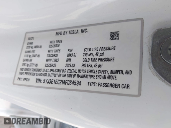 2021 Tesla Model 3 Performance with VIN 5YJ3E1EC2MF084594, listed as a IAAI auction lot 42030339 with 43,215 mi miles and . Bid and sale history available at DreamBid. Image 9.